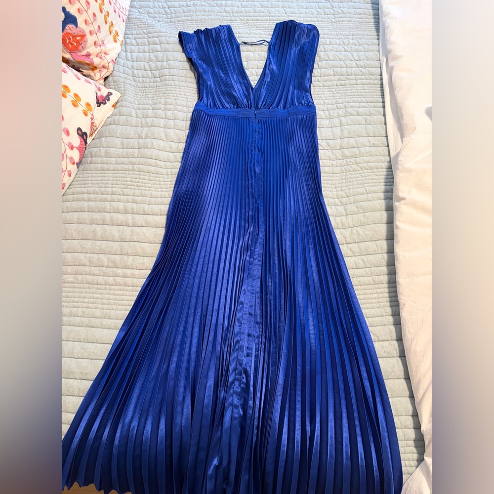 Plunging V-Neck Pleated Maxi Dress in Cobalt Blue